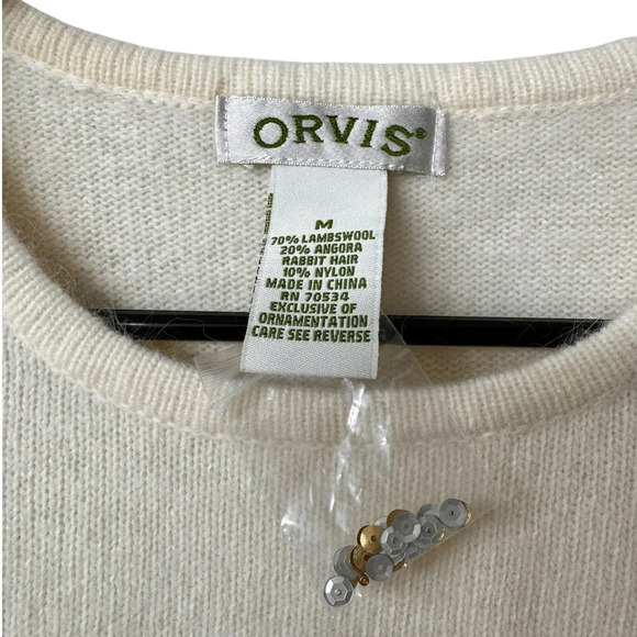 Orvis Ivory White Wool & Angora Christmas Wreath Snowflake Sweater NWOT Size M - Picture 5 of 6